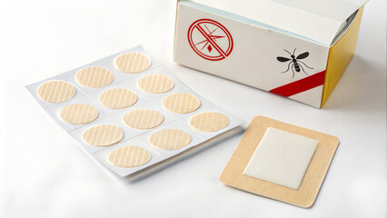 Round mosquito repellent patches with visible packaging, flat lay for parenting tips, kids’ protection products, outdoor lifestyle blogs and eco-travel essentials

