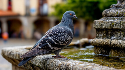 Pigeon standing by stone fountain, bird in urban park on water's edge