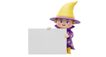 Cute Wizard Cartoon Character Holding Blank Sign for Message