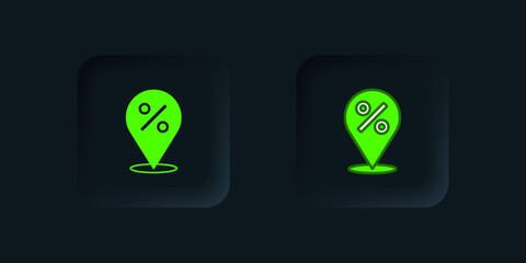 Green Location with percent discount icon isolated on black background. Money location icon. Business and investment concept. Black square button. Vector
