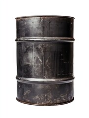 Distressed steel barrel on a white background, weathered and used, industrial container, vintage look.