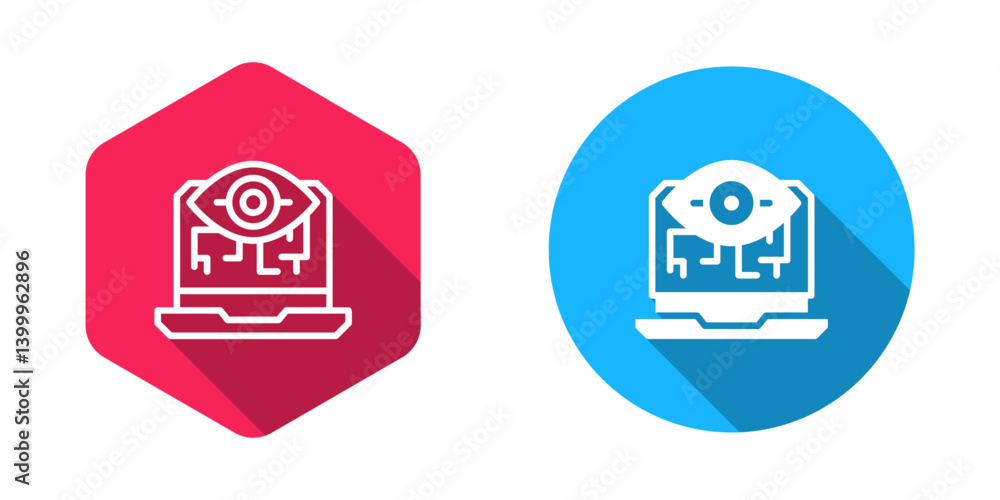 Poster filled and outline computer vision icon isolated with long shadow background. technical vision, eye 