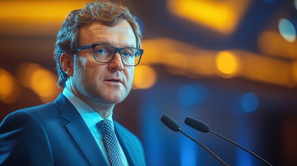A male speaker confidently addresses attendees at a corporate business conference, sharing valuable insights while standing before a microphone.