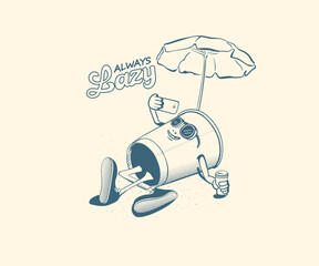 Summer vintage cartoon vector art, Lazy boy taking selfie on beach, Funny summer vacation artwork for t shirt, poster, graphic print