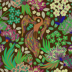 Magic bird. Seamless pattern with birds, flowers, leaves for children's textiles, wallpaper. Cartoon doodles. Ornament for clothing, accessories, textiles and interior
