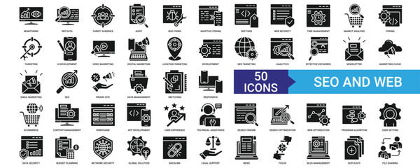 Seo and Web icon collection set with monitoring, data, target audience, audit, bug fixing 	