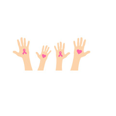 Breast cancer awareness hands. Human hands with pink ribbons support symbol.