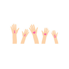 Obraz premium Breast cancer awareness hands. Human hands with pink ribbons support symbol.