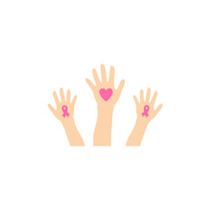 Breast cancer awareness hands. Human hands with pink ribbons support symbol.