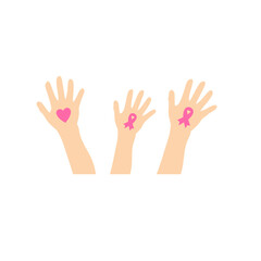 Breast cancer awareness hands. Human hands with pink ribbons support symbol.