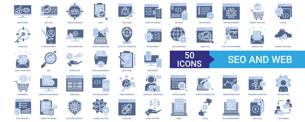 Seo and Web icon collection set with monitoring, data, target audience, audit, bug fixing 	