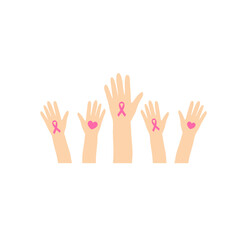 Fototapeta premium Breast cancer awareness hands. Human hands with pink ribbons support symbol.
