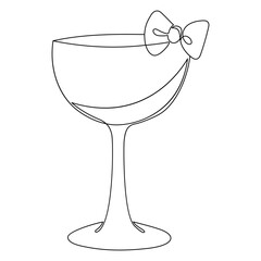 Glass Cocktail with Ribbon Bow in One Continuous Line Drawing. Coquette Aesthetic Drink. Romance Girly Vibe in Simple Linear Style. Vector Illustration. Hand Drawn Monoline