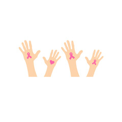 Fototapeta premium Breast cancer awareness hands. Human hands with pink ribbons support symbol.