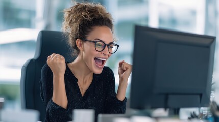 Fototapeta premium Businesswoman with Glasses Celebrating Desktop Success in Office Chair