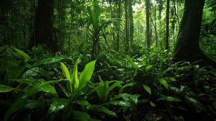 Lush rainforest floor with vibrant green plants and trees.
