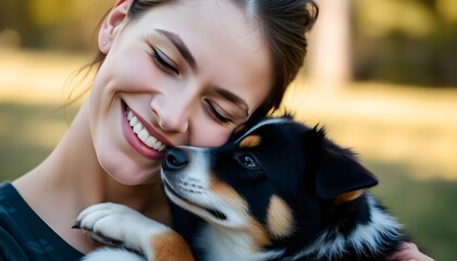 Happy Woman Cuddling Adorable Puppy Outdoors in Natural Light