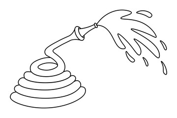Garden hose for watering the vegetable garden. Water flows from the spout and splashes fly. Fire hose in a folded form. Sketch. Vector illustration. Outline on an isolated white background. Doodle 