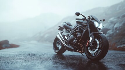 Foggy mountain pass with sports motorcycle in hyperrealistic lighting