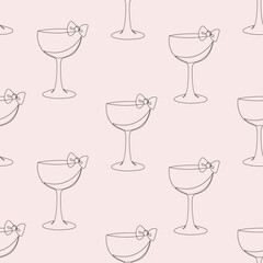 Seamless Pattern Romance Glass Cocktail with Bow on Pink Background in One Continuous Line. Aesthetic Drink. Girly Vibe beverage. Vector illustration. Hand Drawn Monoline