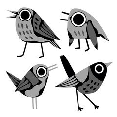 Set of black and white birds. Vector doodle illustration