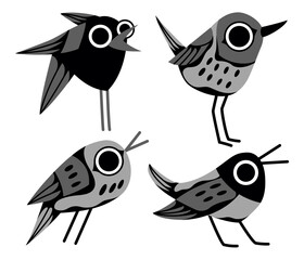 Black and white birds. Set of feathered. Vector illustration