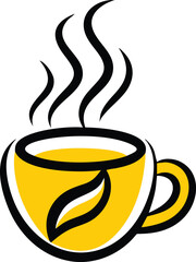 Minimalist Yellow Coffee Cup Logo with Steam and Leaf  Vector Illustration for Café, Organic Brand, or Beverage Business