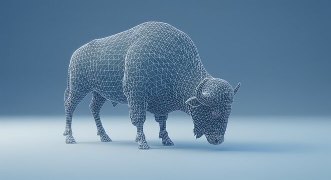 Wireframe Bison 3D Render: A Digital Model Grazing on a Soft Blue Plane AI Generated