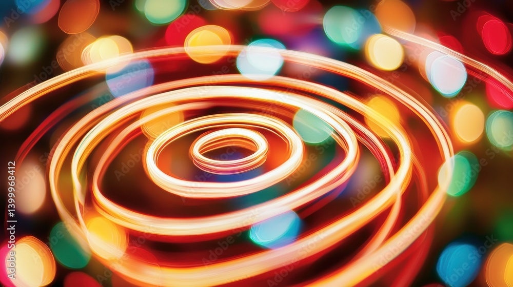 Poster colorful spiral light patterns with blurred bokeh effects.