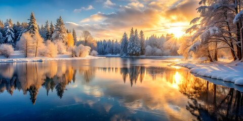 Obraz premium Frozen lake reflecting winter sun