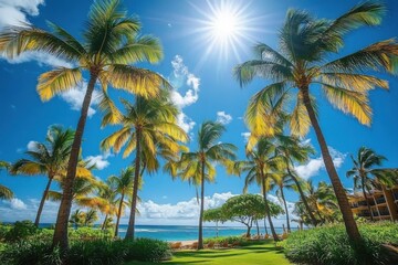 With a wide-angle view of a vibrant- sunny day- design template showcases a panoramic scene of palm trees swaying in gentle breeze- evoking a sense of relaxation and tropical paradise- making it perf