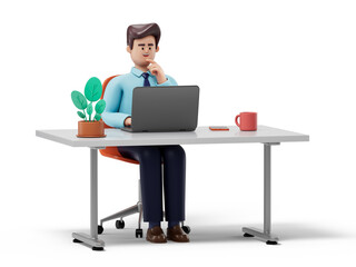 A man sits at a desk, laptop open, hand to chin, symbolizing deep thought and focus. 3D rendering, conceptual image. Isolated on white background.