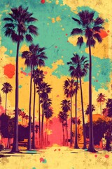 Vibrant Palm Tree Alleyway, Retro-Inspired Graphic