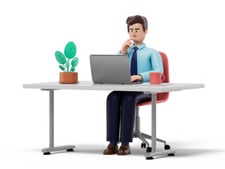 A man sits at a desk, laptop open, hand to chin, symbolizing deep thought and focus. 3D rendering, conceptual image. Isolated on white background.