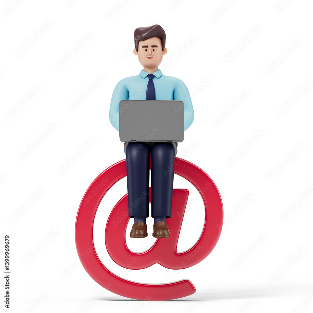 Poster a man stands on an '@' symbol, holding a laptop, symbolizing digital connectivity and communication.