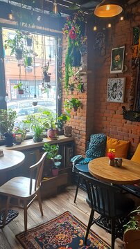 A cozy cafe with hanging plants and brick walls.