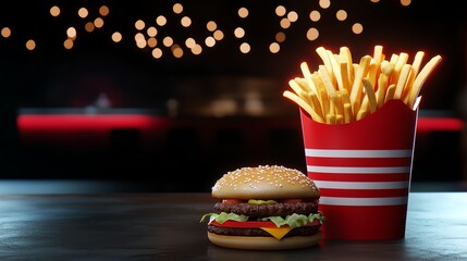3D neon sign of burger and fries glowing in night scene, retro diner vibe
