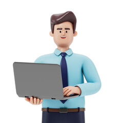 A man holds a laptop, standing confidently, symbolizing professionalism and technology use. 3D rendering, conceptual image. Isolated on white background.