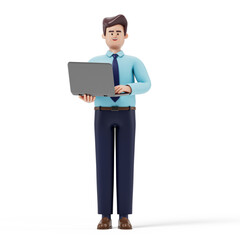 A man holds a laptop, standing confidently, symbolizing professionalism and technology use. 3D rendering, conceptual image. Isolated on white background.