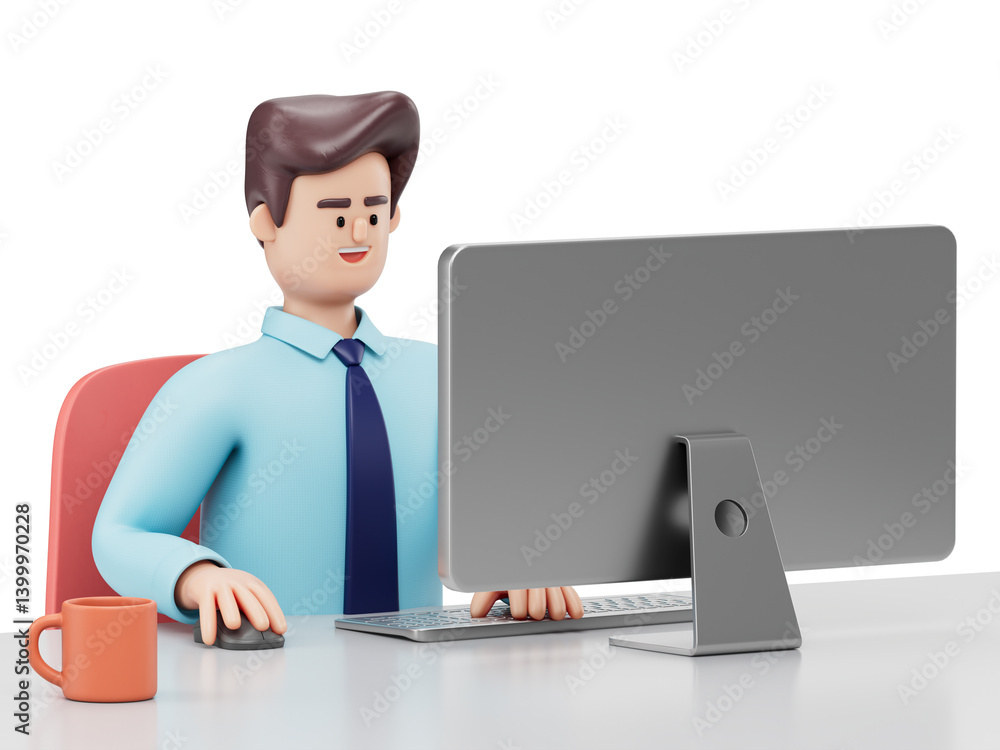 Poster a man sits at a desk using a computer, symbolizing focused work in a comfortable environment. 3d ren
