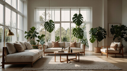 Warm gray couch wooden furniture tropical plants beige earth tones Scandinavian living room minimalist modern natural light calm cozy aesthetic premium interior design photo