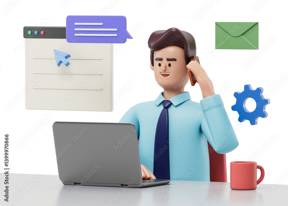 Poster a man at a desk with a laptop, speaking on the phone, symbolizing multitasking and communication. 3d