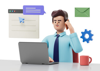 A man at a desk with a laptop, speaking on the phone, symbolizing multitasking and communication. 3D rendering, conceptual image. Isolated on white background.