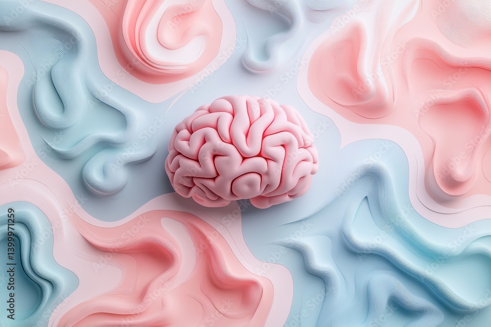 Aufkleber intricate 3d brain model surrounded by soft pastel waves in creative design setting