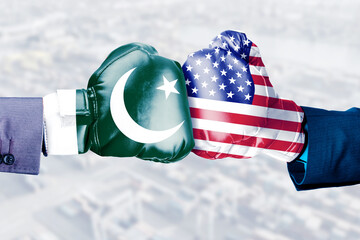 Pakistan vs USA Diplomatic Relations Concept – Boxing Gloves with National Flags Facing Each Other