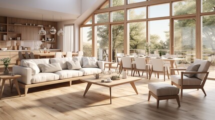 Obraz premium Modern interior japandi style design livingroom. Lighting and sunny scandinavian apartment with plaster and wood. HD 8K mockup wallpaper Photographic Image