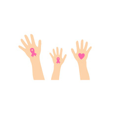 Breast cancer awareness hands. Human hands with pink ribbons support symbol.