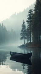 Lonely boat by misty riverbank with tall pine trees77