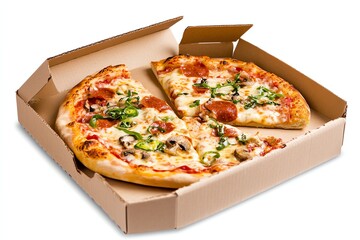 a pizza box with slice clipart, takeaway food element, flat vector style, warm colors, isolated on white background