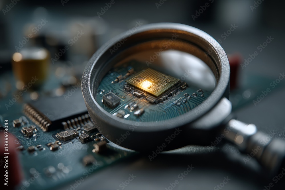Poster magnified view of electronic circuit board with microchip and lens in focus